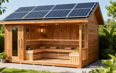 Sauna solar luar dengan penyelesaian kejuruteraan dalaman & dalaman kayu padat